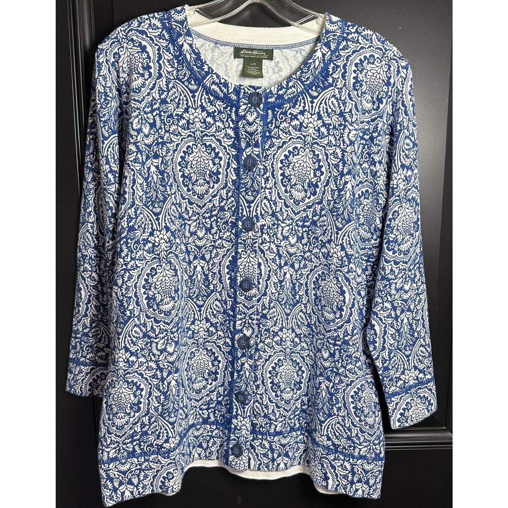 Eddie Bauer Cardigan Blue White Print Womens Large Soft Cotton Lightweight